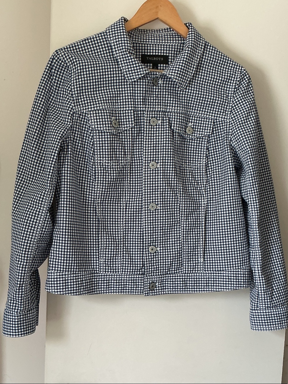 Talbots Navy and White Gingham Button-Front Jean Jacket